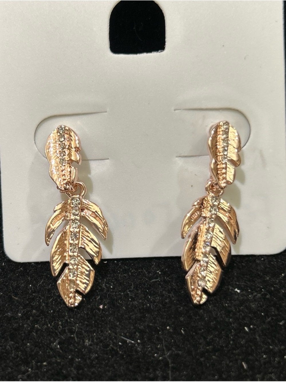 Rose Gold Feather Drop Earrings with Crystal Accents